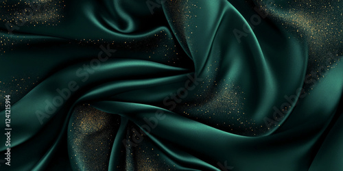 Obraz na płótnie Deep emerald green silk fabric with soft folds, golden sparkles, and a refined glossy sheen, creating a sense of elegance and exclusivity w salonie