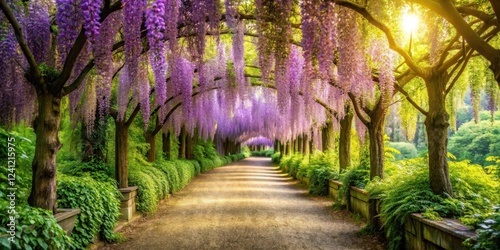 A serene forest pathway lined with vibrant wisteria vines in full bloom surrounded by lush greenery and dappled sunlight filtering through the trees, tranquility, forest scenery