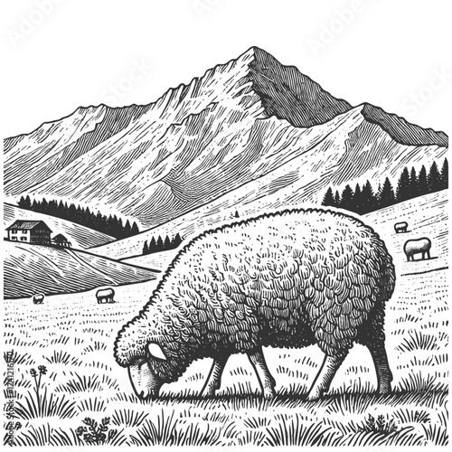 sheep grazing in an alpine meadow, with mountains, a farmhouse, and other sheep in the background, drawn in an engraved style sketch engraving generative ai vector. Scratch board. Black and white.