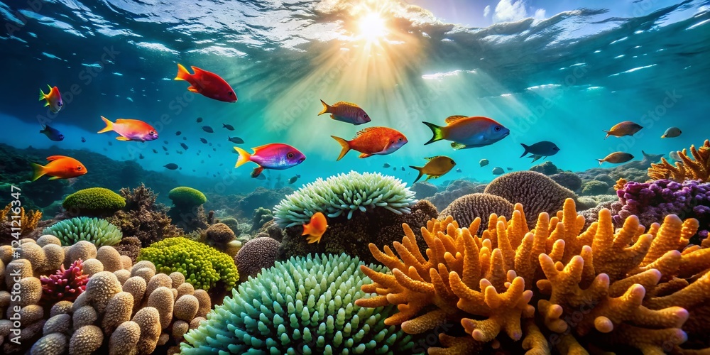 Fototapeta premium Silhouette of Coral Reef Fish in Turquoise Ocean, Great Barrier Reef, Australia