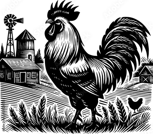 Black and white artwork, a vector illustration in linocut style, portrays a rooster in a farm setting. Life on the Farm: Rooster's View