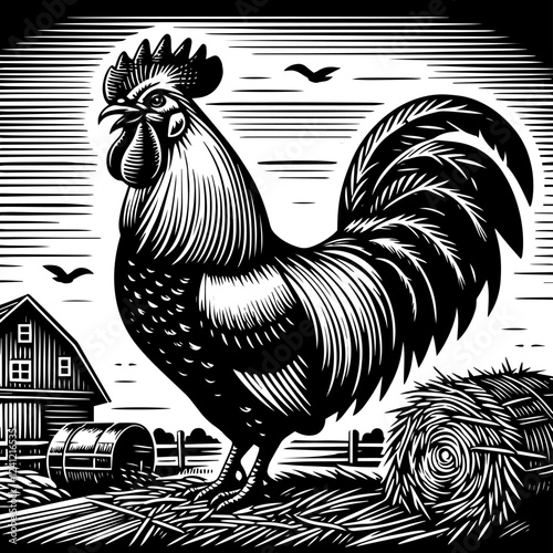 Black and white artwork, a vector illustration in linocut style, portrays a rooster in a farm setting. Life on the Farm: Rooster's View