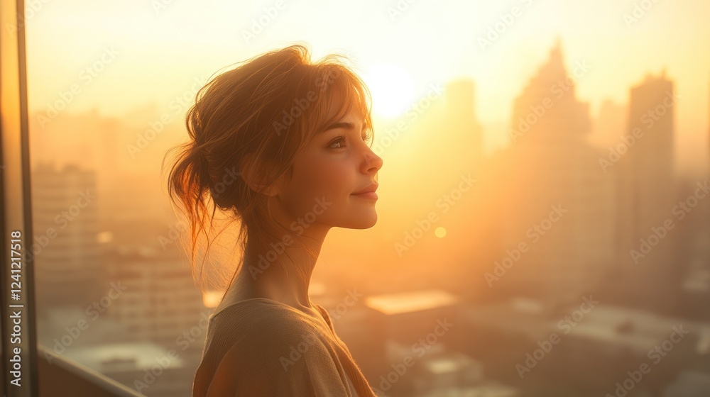 Young woman enjoying sunset view over a city skyline while standing by a large window. Generative AI Young woman enjoying sunset view over a city skyline while standing by a large window. Generative AI