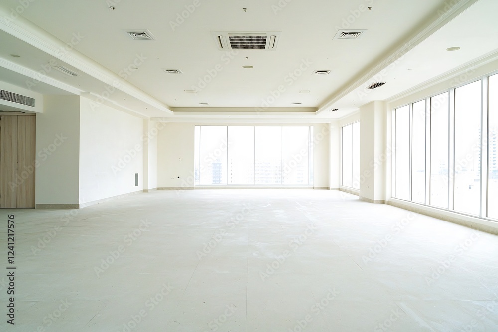 Obraz premium Minimalist and unobstructed open concept apartment interior with diffuse natural illumination and monochromatic palette