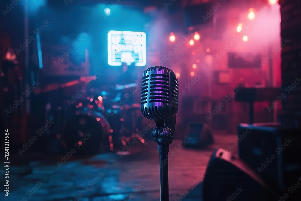 neon-lit nashville honky-tonk stage with vintage microphone and guitar silhouettes in smoky atmosphere