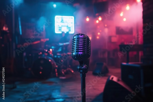 neon-lit nashville honky-tonk stage with vintage microphone and guitar silhouettes in smoky atmosphere photo