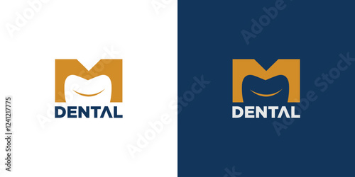 The M dental logo design is professional and fun with blue and gold accents