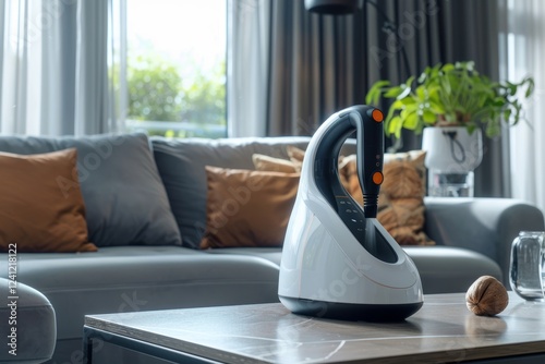 Chic cordless handheld steam cleaner showcased on designer table beside spotless sofa photo