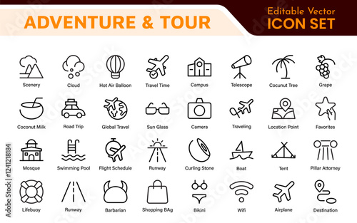 Adventure Icon Set. An exciting collection of icons that captures the spirit of exploration, perfect for travel apps, outdoor websites, and promotional materials for adventure and thrill-seeking.