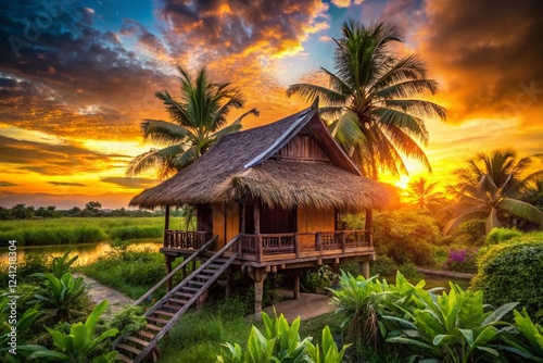Silhouette of Rustic Mekong Bungalow at Sunset - Thatched Roof Asian Hut