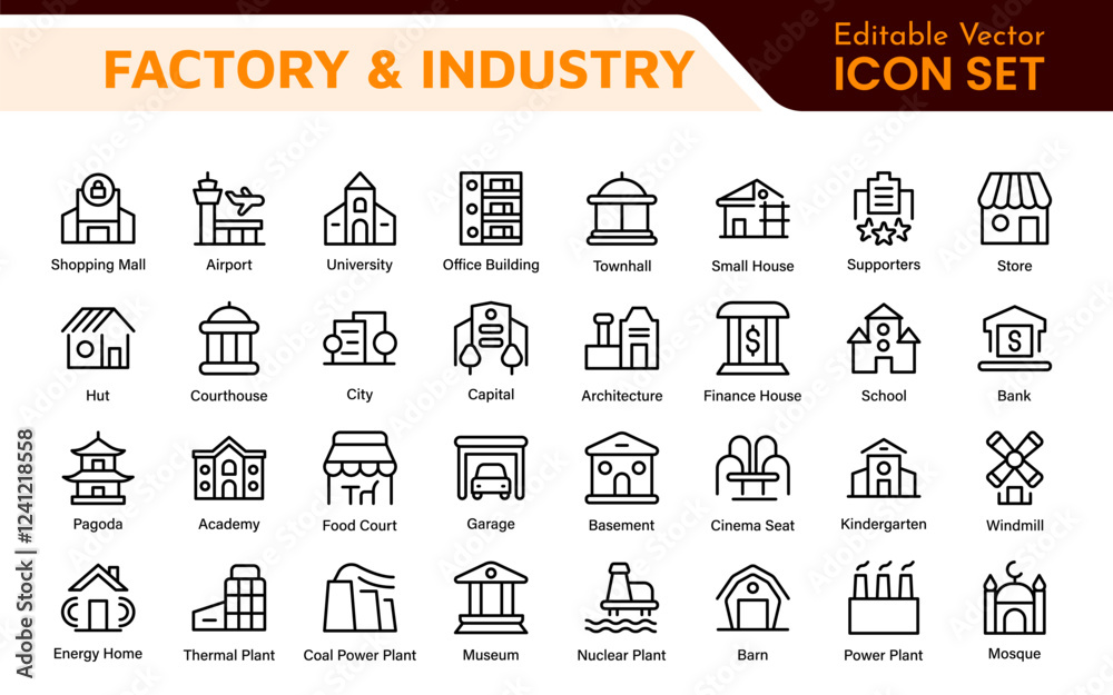 Factory Icon Set. A dynamic collection of icons representing manufacturing and industrial processes, perfect for engineering sectors to convey efficiency and innovation. Factory Icon Set. A dynamic collection of icons representing manufacturing and industrial processes, perfect for engineering sectors to convey efficiency and innovation.