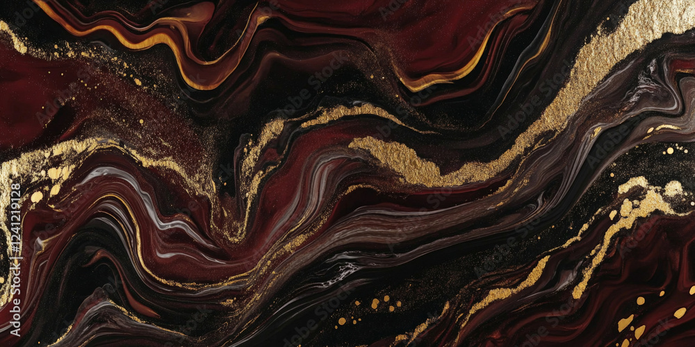 Obraz premium Abstract fluid art in shades of deep burgundy and gold, flowing metallic accents, luxurious modern design, premium aesthetic texture