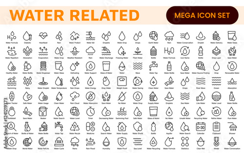 Water Related Icon Set. A refreshing collection of icons showcasing water conservation, aquatic life, and hydration, perfect for water awareness and sustainability.