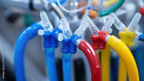 Bioreactor Valve System An intricate closeup of the valve and tubing system connected to the bioreactor. The image highlights the complexity of the setup with various colored tubes photo