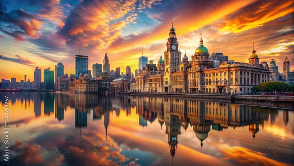 Obraz premium Surreal Shanghai Bund: Dreamlike Skyline of Historic Colonial Buildings at Dusk