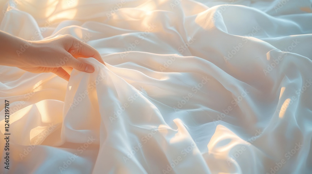 Fototapeta premium Soft sunlight illuminates delicate white fabric being gently handled in a serene setting. Generative AI