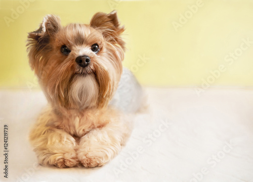 Small dog (Yorkshire terrier) lies and looking straight at camera with cute expression. Yellow background. Copy space. Empty space for message.