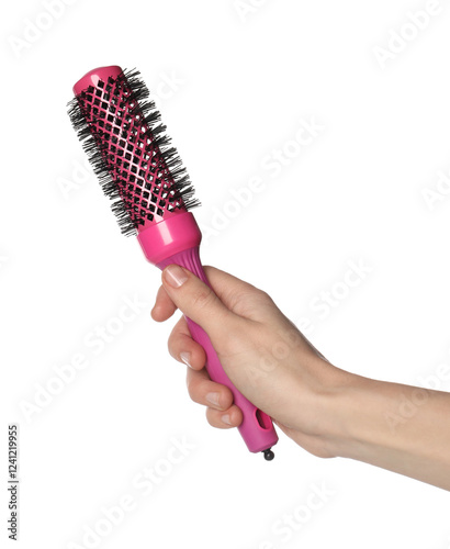 Woman with round pink hair brush on white background, closeup