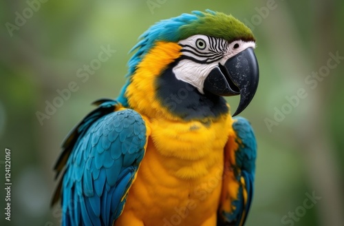 Close-up portrait of a vibrant blue-and-yellow macaw with detailed feathers and a lush green blurred background