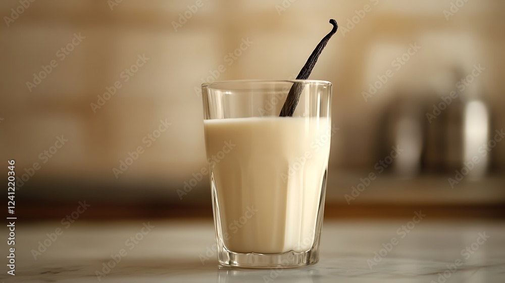 Glass of milk with a floating vanilla pod Glass of milk with a floating vanilla pod