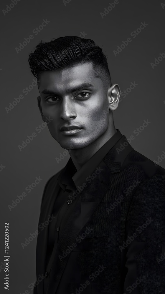 Obraz premium Portrait photograph of an attractive young Indian man, in black and white 