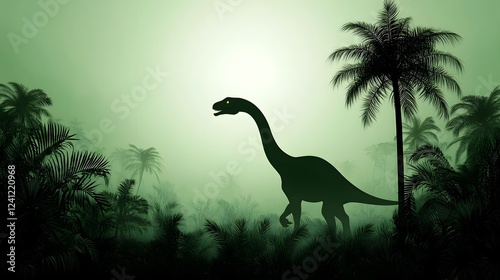 Quaesitosaurus Dinosaur in a Lush Misty Jungle Environment   Playful and Whimsical 3D Showcasing a Prehistoric Creature Amid Vibrant Foliage and Atmosphere photo