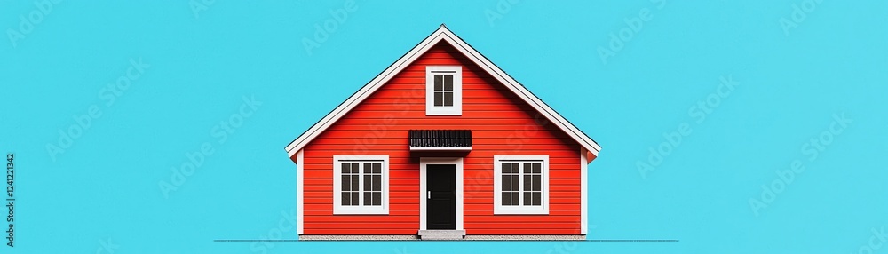 Bright red house with white accents on blue background. Bright red house with white accents on blue background.