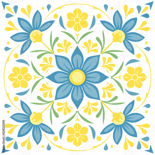Traditional Azulejo ceramic tiles. Vector Italian print for fabric and wallpaper. Sicilian majolica in blue and yellow colors. Mediterranean style ornament.
