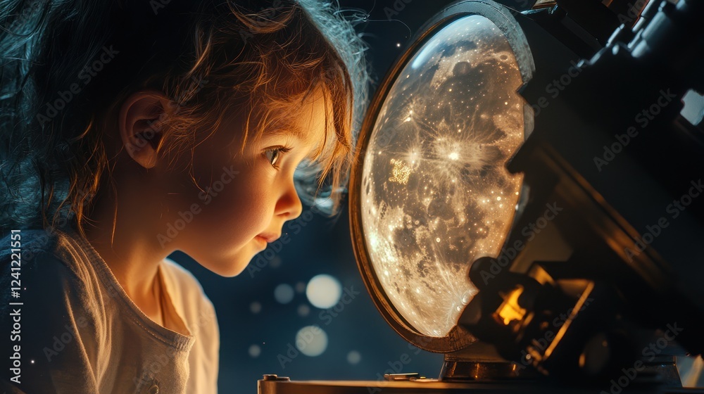 Fototapeta premium Child gazes in wonder at a glowing celestial globe, exploring the magic of the universe at night. Generative AI