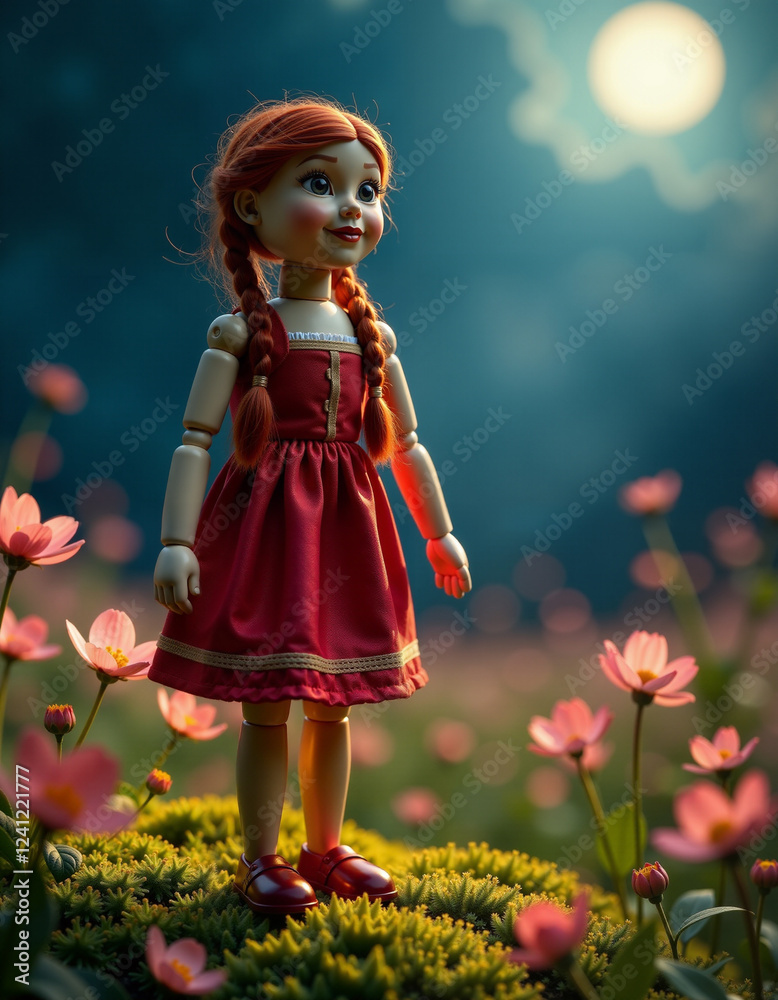 Fototapeta premium Wooden puppet of a red-haired girl