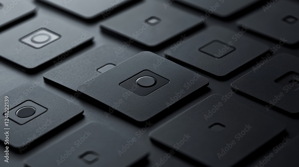 Abstract Close-Up of Black Control Buttons on Modern Device Surface Abstract Close-Up of Black Control Buttons on Modern Device Surface
