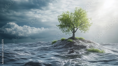 A lone tree standing resiliently on a small island amidst turbulent waters under a dramatic sky photo