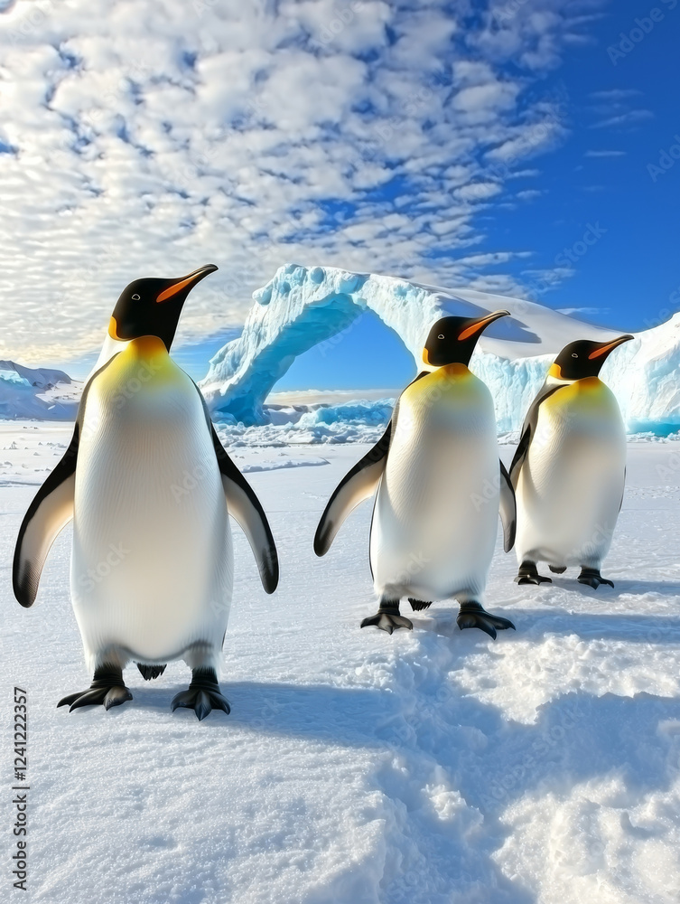 Obraz premium Three penguins waddle on snow, near an ice arch under a blue sky.