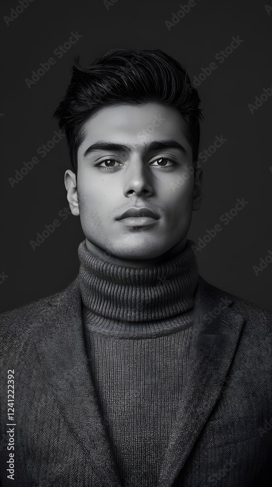 Obraz premium Portrait photograph of an attractive young Indian man, in black and white 