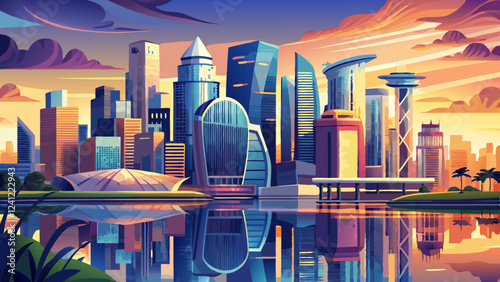 Singapore Skyline at Sunset: A breathtaking panoramic cityscape of Singapore, bathed in the warm hues of a setting sun. The majestic skyscrapers reflect on the tranquil waters.