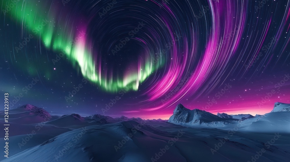 Fototapeta premium Stunning aurora borealis illuminates a snowy landscape with vibrant colors in a night sky. Generative AI