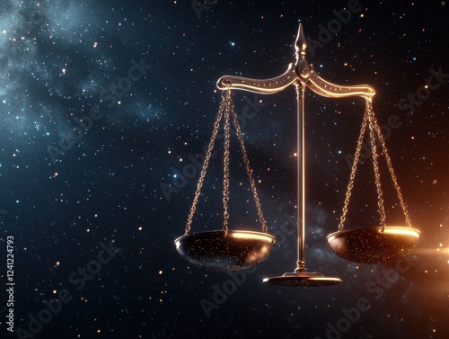 Glowing libra zodiac scales in a cosmic storm of starlight fantasy