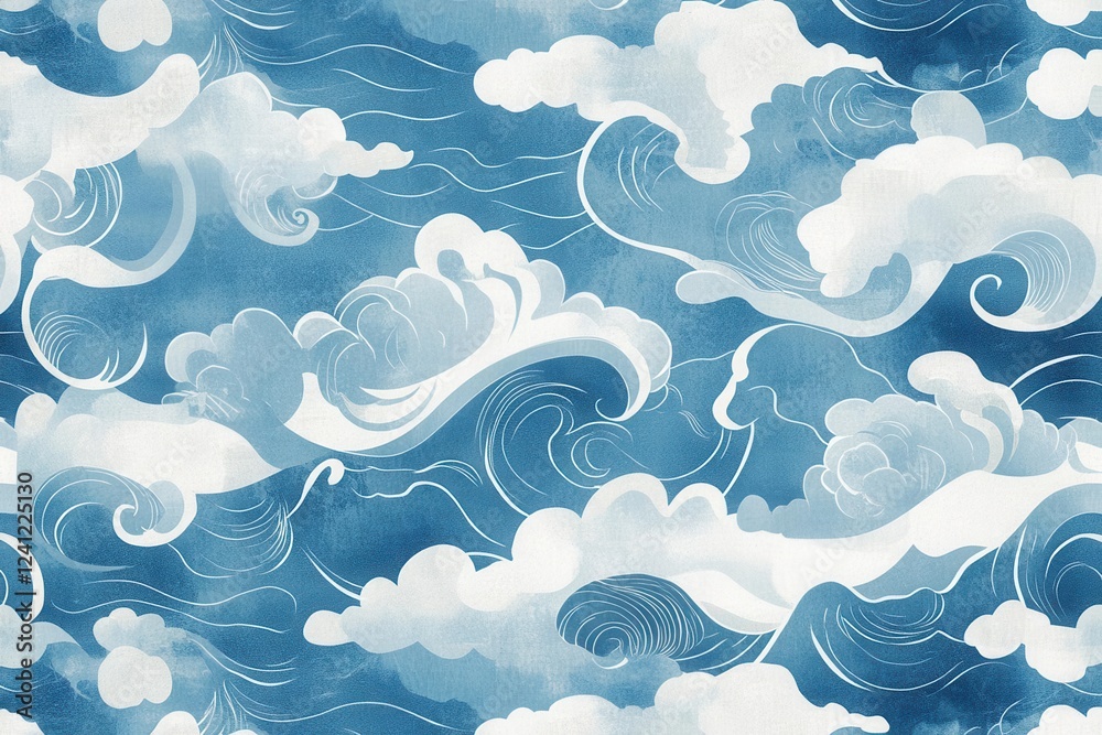 oriental wallpaper pattern showcasing waves and clouds in calming blue and white hues, creating a serene and traditional atmosphere oriental wallpaper pattern showcasing waves and clouds in calming blue and white hues, creating a serene and traditional atmosphere