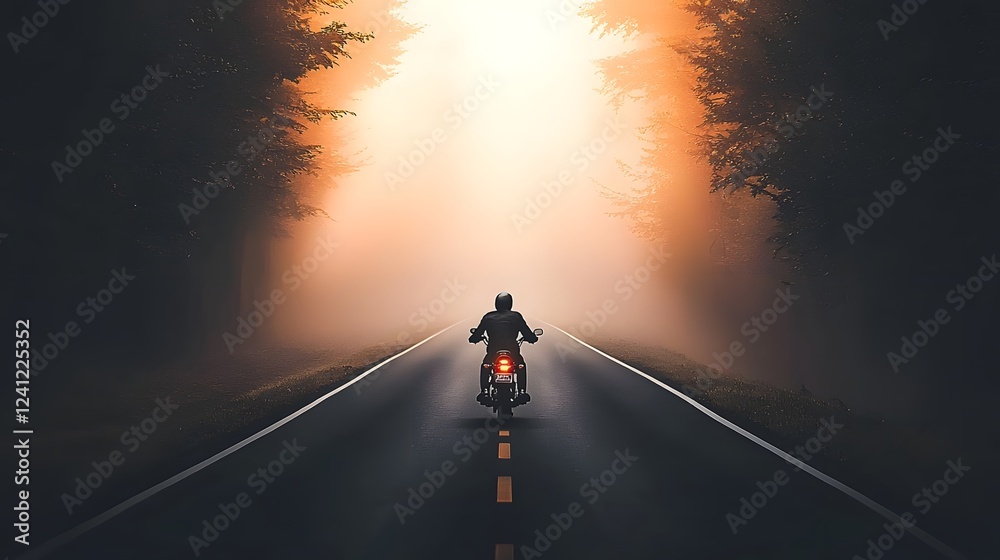 Silhouette of a biker on a classic scrambler motorcycle riding through a foggy forest road at dawn The rider navigates the serene and misty landscape seeking adventure and solitude on the open trail