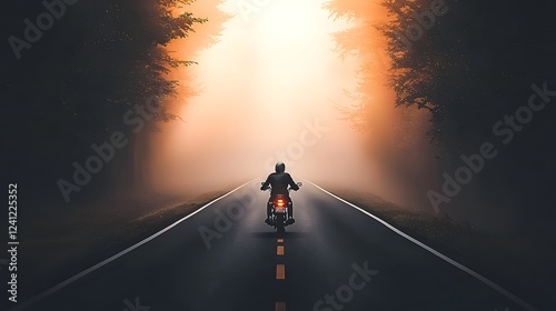 Obraz na płótnie Silhouette of a biker on a classic scrambler motorcycle riding through a foggy forest road at dawn The rider navigates the serene and misty landscape seeking adventure and solitude on the open trail w salonie