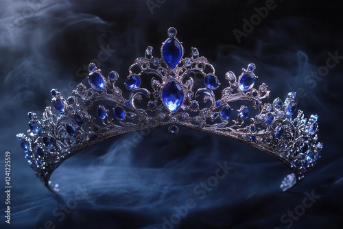 ornate platinum tiara adorned with sapphires and moonstones, ethereal glow, floating on misty black background, hyperdetailed studio lighting