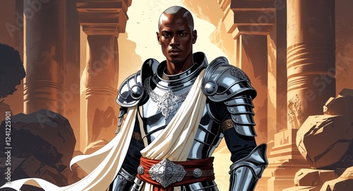 Celestial silver plated armor with flowing white sash in sacred temple mature black African male shaved head background illustration portrait