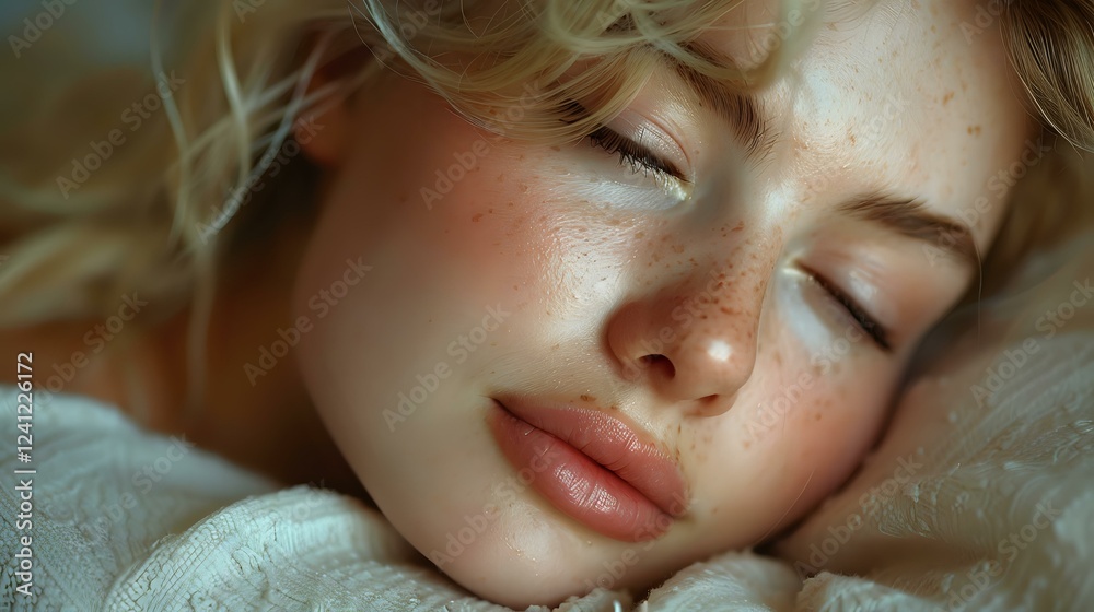 Close up portrait of young blonde woman with freckles sleeping peacefully on white pillow, natural makeup, soft dreamy lighting creates intimate atmosphere. Close up portrait of young blonde woman with freckles sleeping peacefully on white pillow, natural makeup, soft dreamy lighting creates intimate atmosphere.