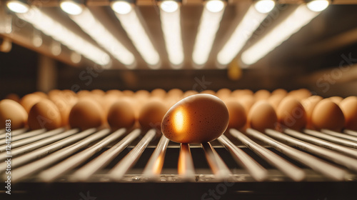 A striking close-up of an egg being scanned by a high-tech light sensor as it moves along a high-speed conveyor belt. In the background, hundreds of eggs flow through the mechanica