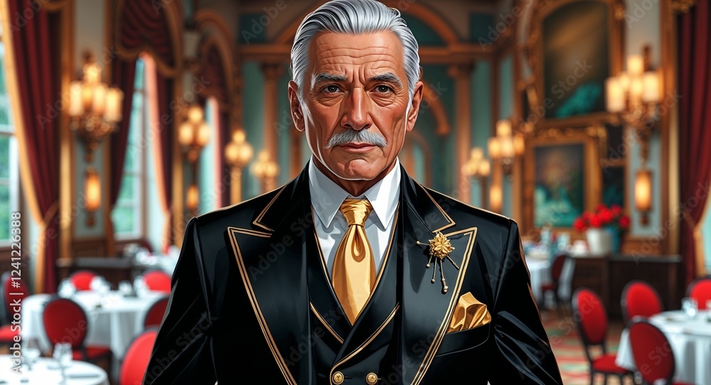 Fototapeta premium Classic black three piece suit with golden cufflinks in grand dining hall elderly Hispanic man white slicked back hair background illustration portrait