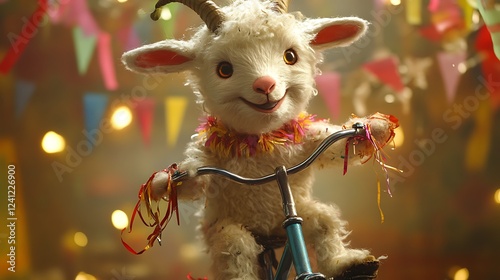Goat plushie riding a tiny bicycle with streamers on the handles