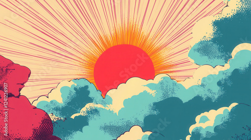 Bright sun rising above colorful clouds in retro pop art style