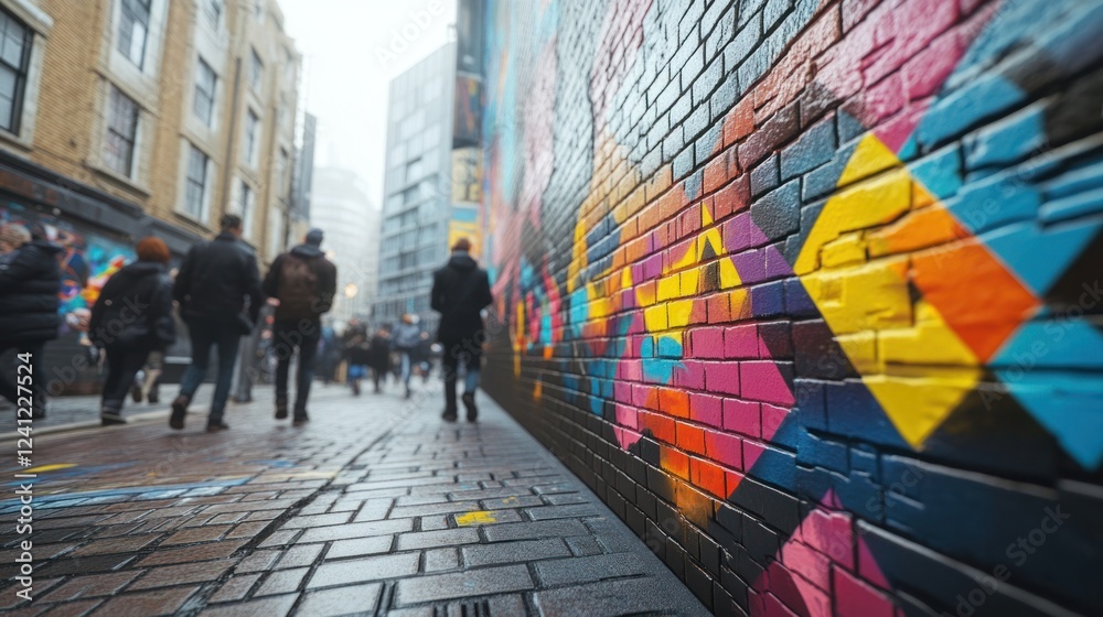 Obraz premium People walking past vibrant street art in a bustling urban environment during a cloudy day. Generative AI