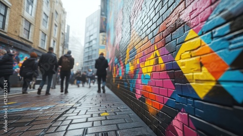 People walking past vibrant street art in a bustling urban environment during a cloudy day. Generative AI