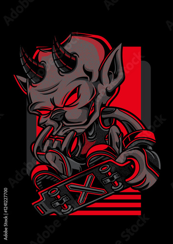 Street Demon Skate: A stylized illustration of a mischievous demon, exuding a blend of darkness and urban edge, gripping a skateboard with glowing red eyes, set against a striking backdrop.